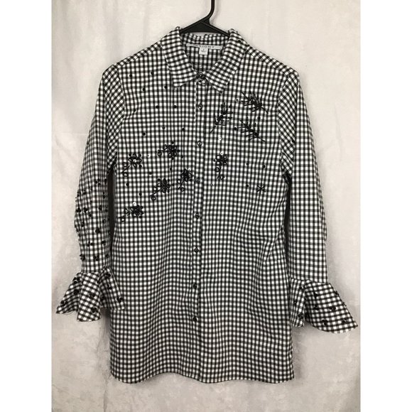 Insight Women's Small Button Down Long Sleeve Checkered Bell Sleeves Embellished - Picture 7 of 11